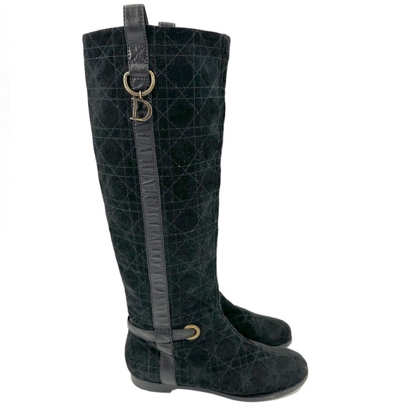 Christian Dior Riding Boots Size 38 US 8 Black Quilted Suede Leather Logo Charm - Picture 1 of 16